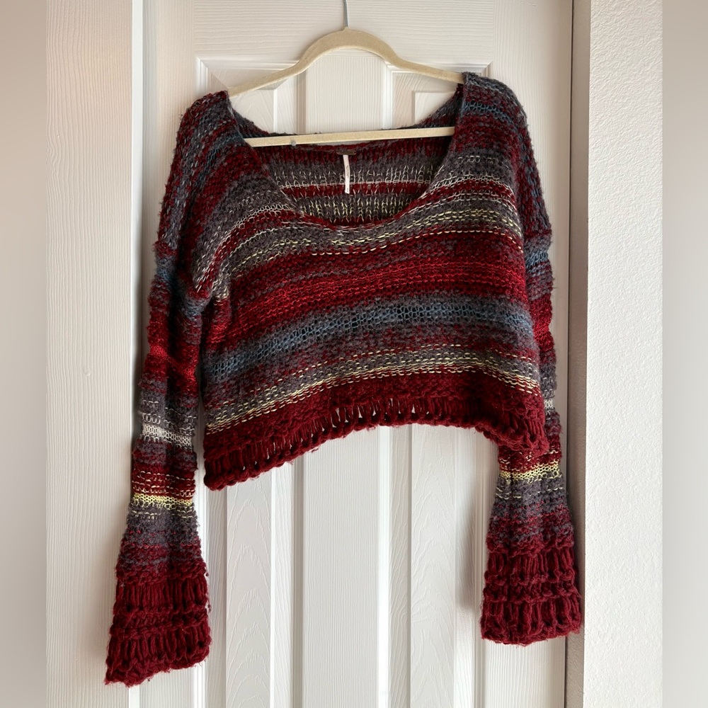 Free People Multicolor Striped V-Neck Sweater